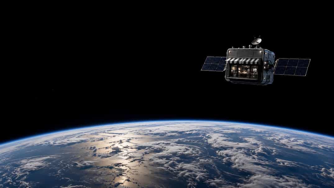 Satélite con tienda sobre la Tierra, representando inteligencia artificial en la nube